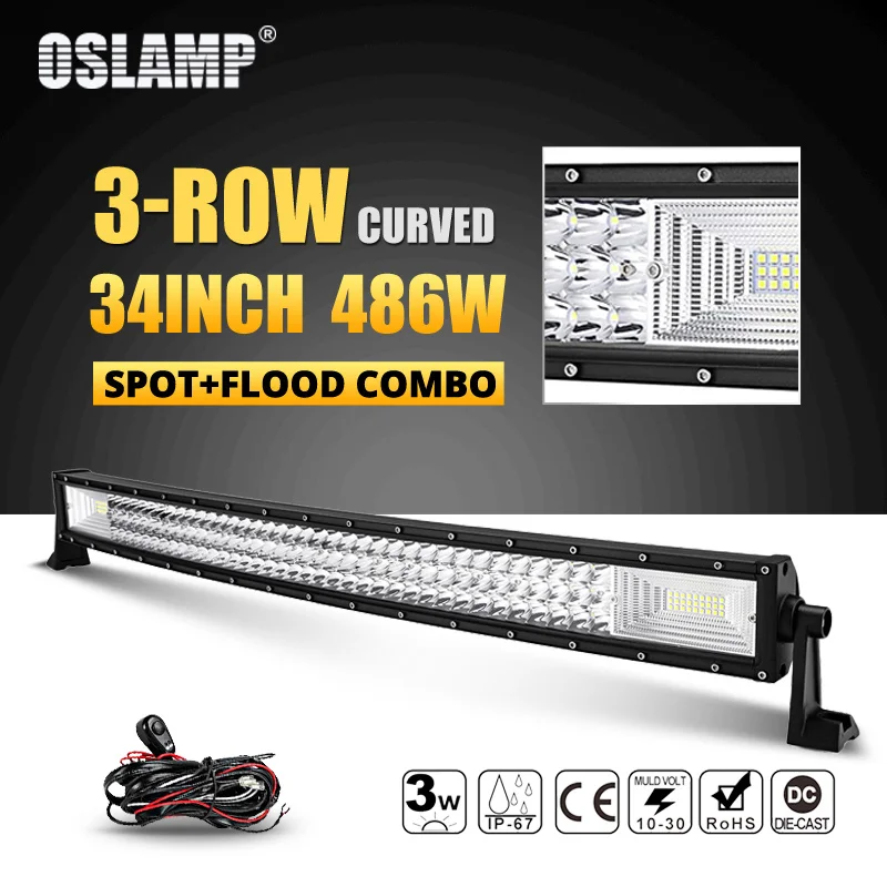 Oslamp 3 ряд 2" 324 Вт 34" 486W 4" 594 Вт 52" 702 Вт изогнутый СВЕТОДИОДНЫЙ светильник бар Offroad светодиодный бар пятно луча СВЕТОДИОДНЫЙ рабочий светильник бар 12v 24v - Цвет: 34inch and wire