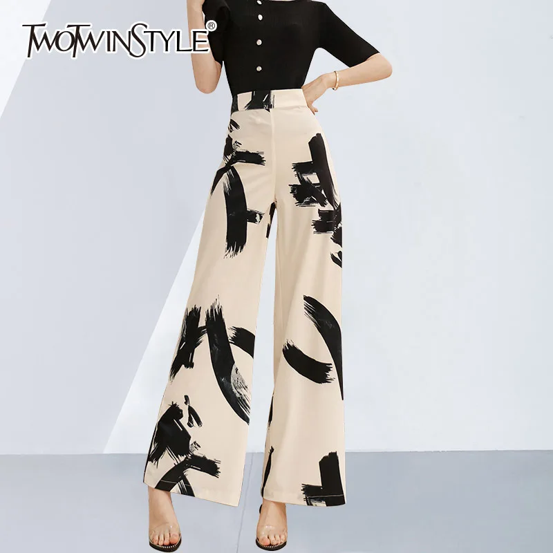 TWOTWINSTYLE Ink Wide Leg Pants For Women High Waist Zipper Large Size Maxi Trousers Female 2020 Summer Fashion OL Clothing