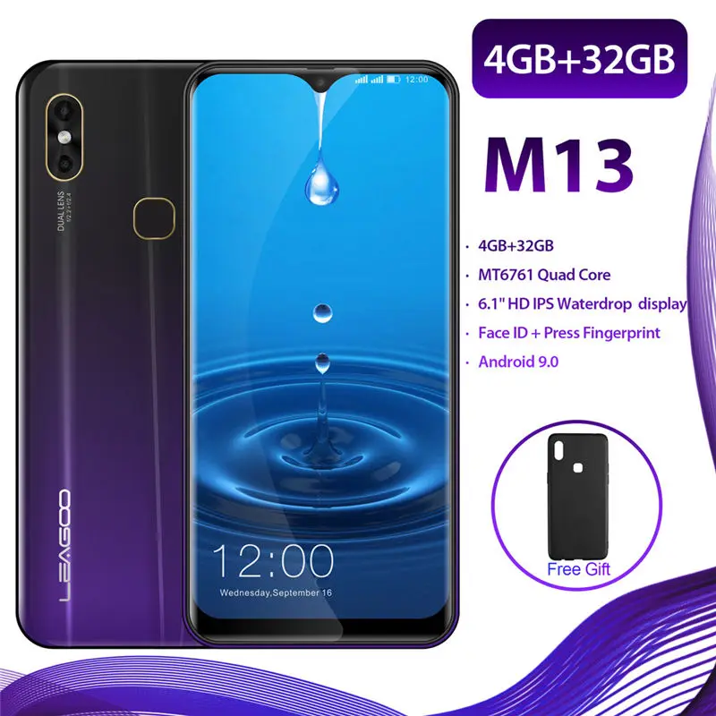 phantom purple LEAGOO M13, 4 Гб ОЗУ, 32 Гб ПЗУ, мобильный телефон, Android 9,0, 6,1 дюймов, экран в виде капли воды, MTK6761, четыре ядра, отпечаток пальца, распознавание лица, 4G смартфон - Цвет: phantom purple