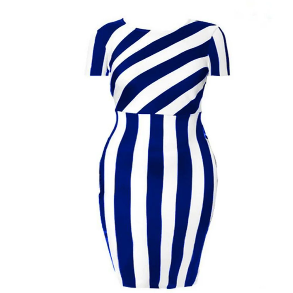 Женское длинное короткое Повседневное платье размера плюс 3XL 4XL летнее Полосатое вечернее платье для женщин Vestido элегантное женское платье для работы - Цвет: short Blue