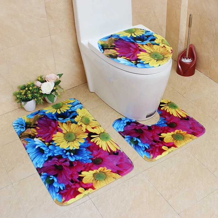 

Flannel Printing Thickening and Warm 3D Red Rose Patterns Bathroom Slip-proof Toilet Cushion Three-piece Set bathroom carpet mat