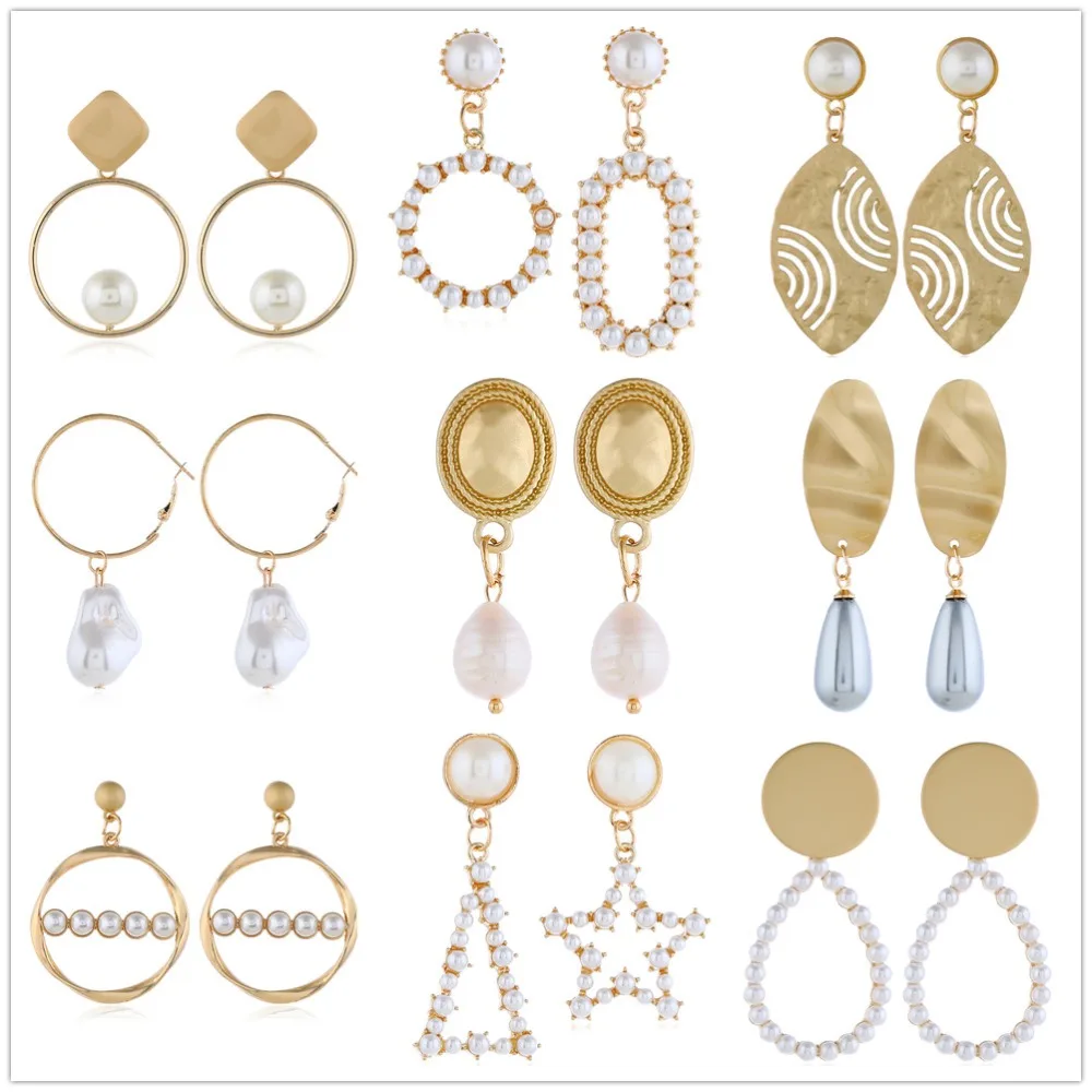 

New Design Metal Gold Round Star Triangle Geometric Irregular Natural Imitation pearls Earrings for Women Wedding jewellery