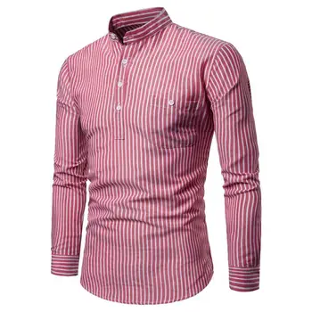 

Fashion Autumn Men's Stripe Print Shirt Long Sleeve Stand up Collar Casual Shirts