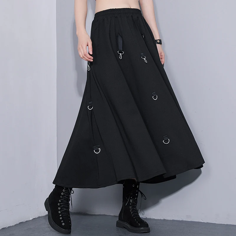 

Fashion Metal Hang Rings Design Black Skirt Women All-match Spring& Summer Bottoms 2019 New Smooth Roman Cotton Long Skirt