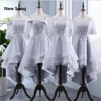 

High Low Bridesmaid Dresses Applique Lace Knee Length A-Line Wedding Guest Dress Summer Country Garden Bridesmaid Dress