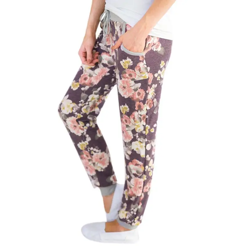 Women Flower Drawstring Casual Pants Pocket Floral Printed Loose ...