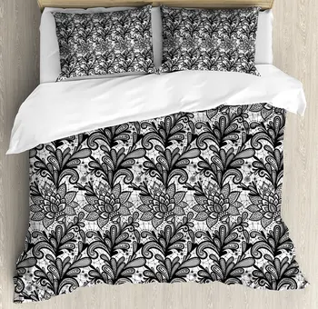 

Leaf Duvet Cover Set Lace Style Graphic Ornament in Black and White Vintage Style Design with Gothic Look 4 Piece Bedding Set