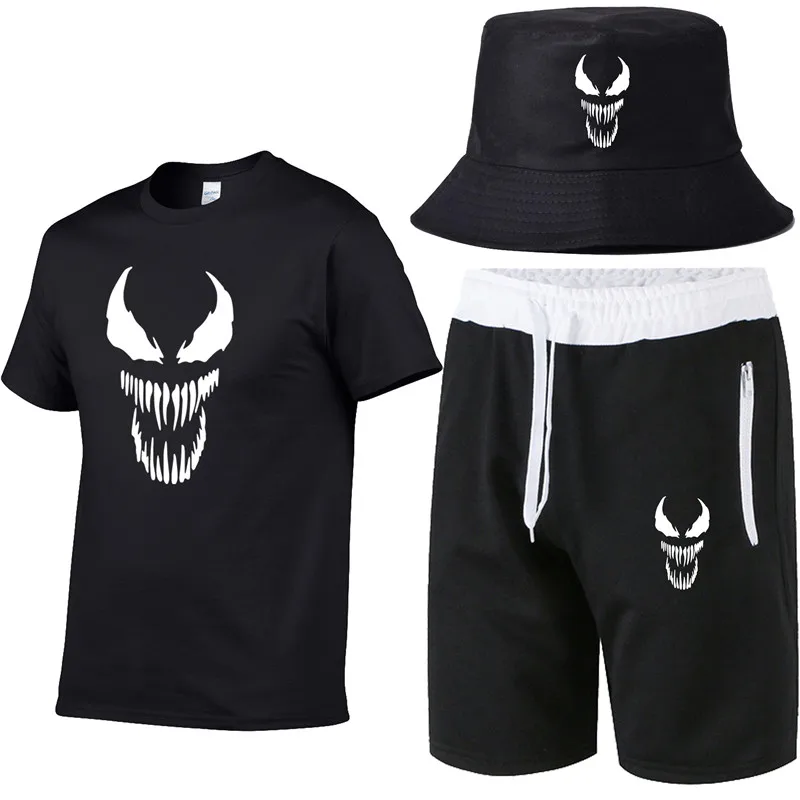 

Popular movie venom printing summer unisex cotton T-shirt + short men + fishing hat set T-shirt bodybuilding men's 3 piece set