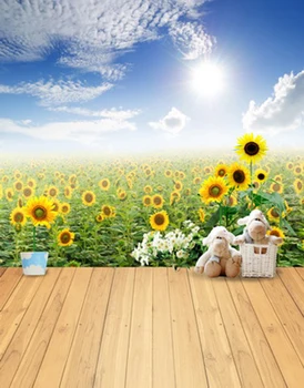 

Vinyl blue sky sunflowers sunshine wood floor newborn baby children photo background backdrop for photo studio