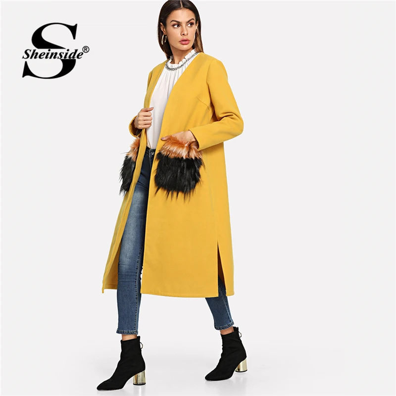 

Sheinside Ginger Faux Fur Pocket Split Longline Coat Women Casual Long Sleeve Outerwear Autumn Winter Clothes Ladies Long Coats