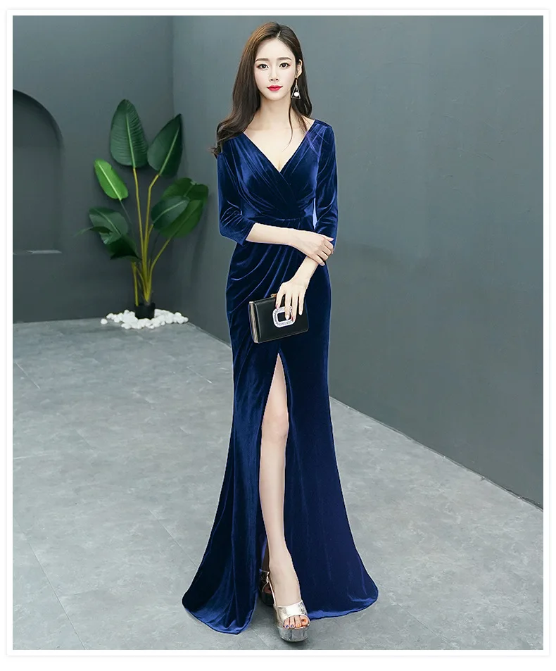 Robe de soiree Сексуальные темно-синие платья/бордовые велюровые вечерние платья с v-образным вырезом Элегантные зимние осенние бархатные вечерние платья на выпускной