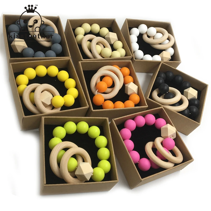 

8pcs Baby Teether Nursing Bracelet Food Grade Silicone Beads Wooden Rings Teether Nature Safe Organic Infant Bangle Teether Toys