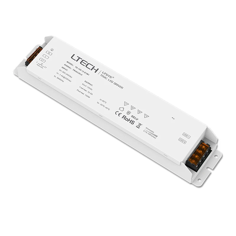 Новый ltech TD-150-12-E1M1; 100-240 В вход, выход 150 Вт 12VDC постоянное напряжение triac затемнения светодиодный ТРИАК драйвера push DIM