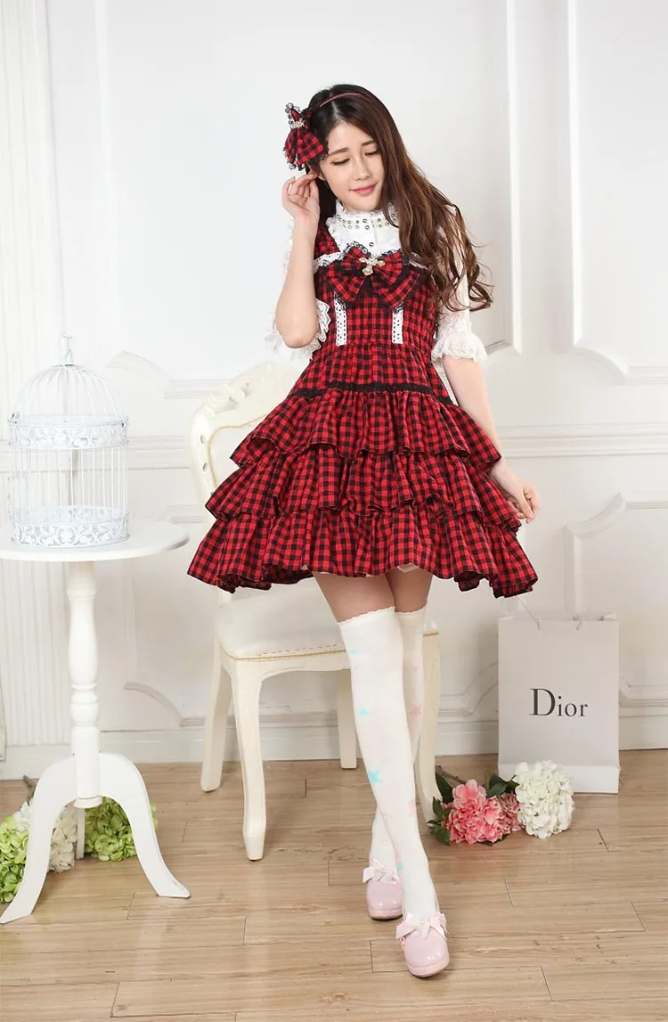 Классическая черно-красная клетчатая юбка-джемпер для девочек с многослойными оборками; платье в стиле Лолиты;