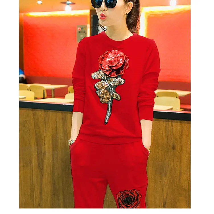 Осень корейский Повседневный Модный женский спортивный костюм толстовки широкие брюки Свободный Длинный Рукав Комплект из двух предметов для женщин S78312A - Цвет: Red