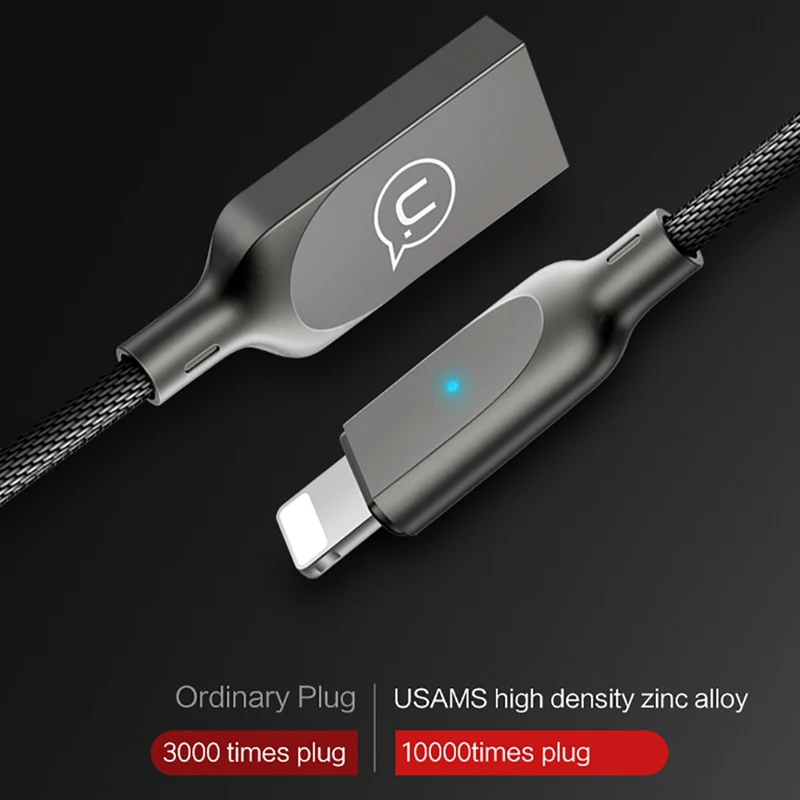 USAMS for iPhone X Cable for iPhone 8 7 6 6s 5s Auto Disconnected Nylon Braided cable LED light iOS 11 10 9 smart charger cable