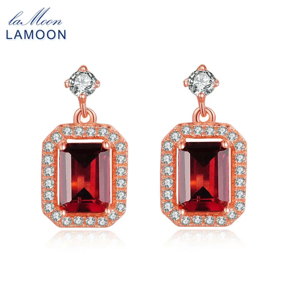 LAMOON Crystal Drop Earrings For Women Classic 1.1ct 100% Natural Red Garnet 925 Sterling Silver S925 Fine Jewelry LMEI025