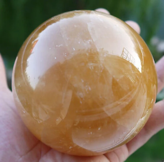 

huij 00895 Natural Citrine Calcite Quartz Crystal Sphere Ball Healing 70MM +Stand Bronze Statue
