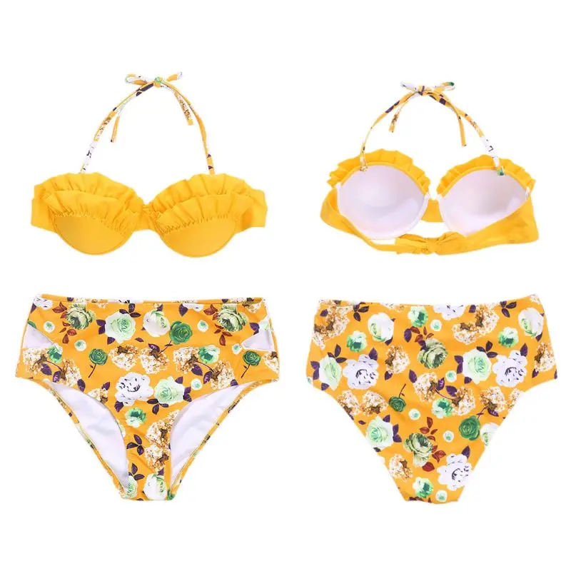 

Women Sexy Two-Piece Bikini Set Halter Neck Tiered Ruffles Push Up Padded Bra Swimsuit High Waist Bohemian Floral Printed Briefs