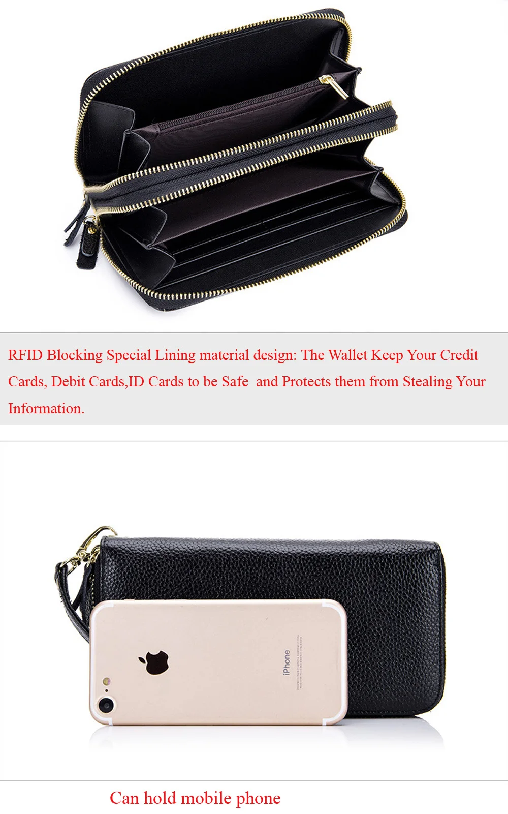 RFID Блокировка женские кошельки из натуральной коровьей кожи двойная молния кошелек длинный клатч дамская сумка для денег держатель для карт кошелек с ручкой