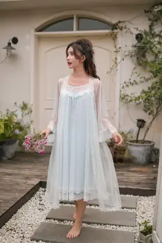 

rincess Style 2 Pieces Sleepwear Gown Set Women Home Wear Sexy Lace Ruffle Spaghetti Strap Nightie Vintage Nightwear