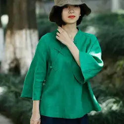 Для женщин китайский стиль блузки для малышек Новый стенд воротник сезон: весна-лето ручной пуговицы Лен семь четверти рукав рубашки