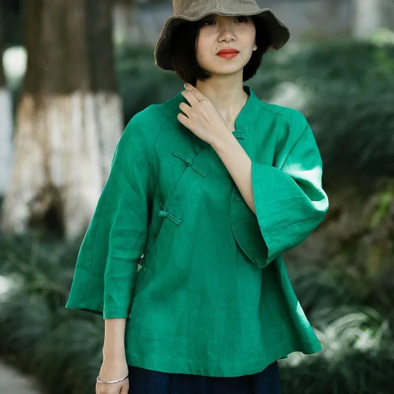 

Women Chinses Style Blouses New Stand Collar Spring Summer Hand-buttons Linen Seven-quarter Sleeve Shirts Emerald Green