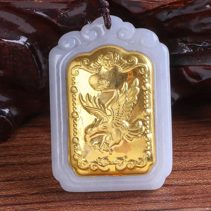 Genuine and Tian Yu mosaic gold eagle PENDANT Men jade Eagle Wings Jade pendant free shipping 48*33*8mm Fine Jewelry