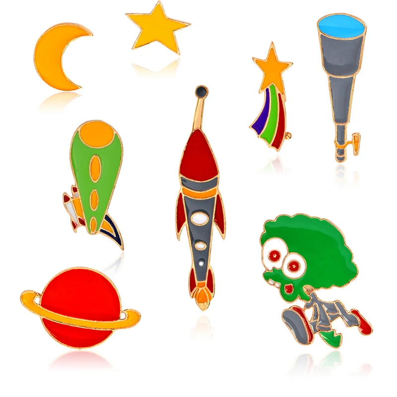 

1pcs Cartoon Star Moon Alien Telescope Meteor Rocket Brooch Metal Enamel Pins Button Jacket Collar Lapel Badge Fashion Jewelry