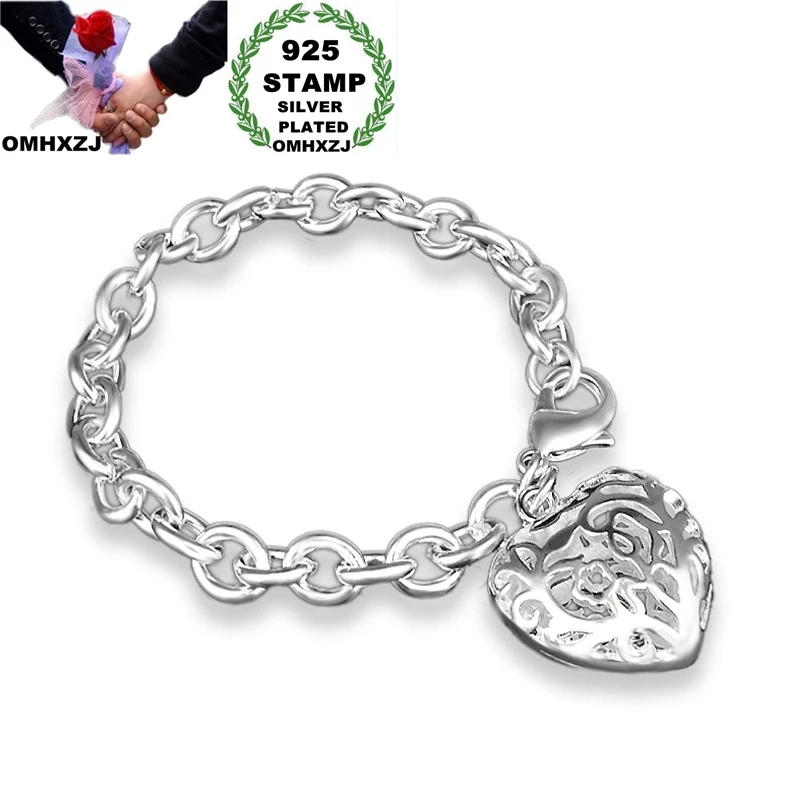 

OMHXZJ Wholesale Personality Fashion OL Woman Girl Gift Silver Hollow Heart Charm Chain 925 Sterling Silver Stamp Bracelet BR75