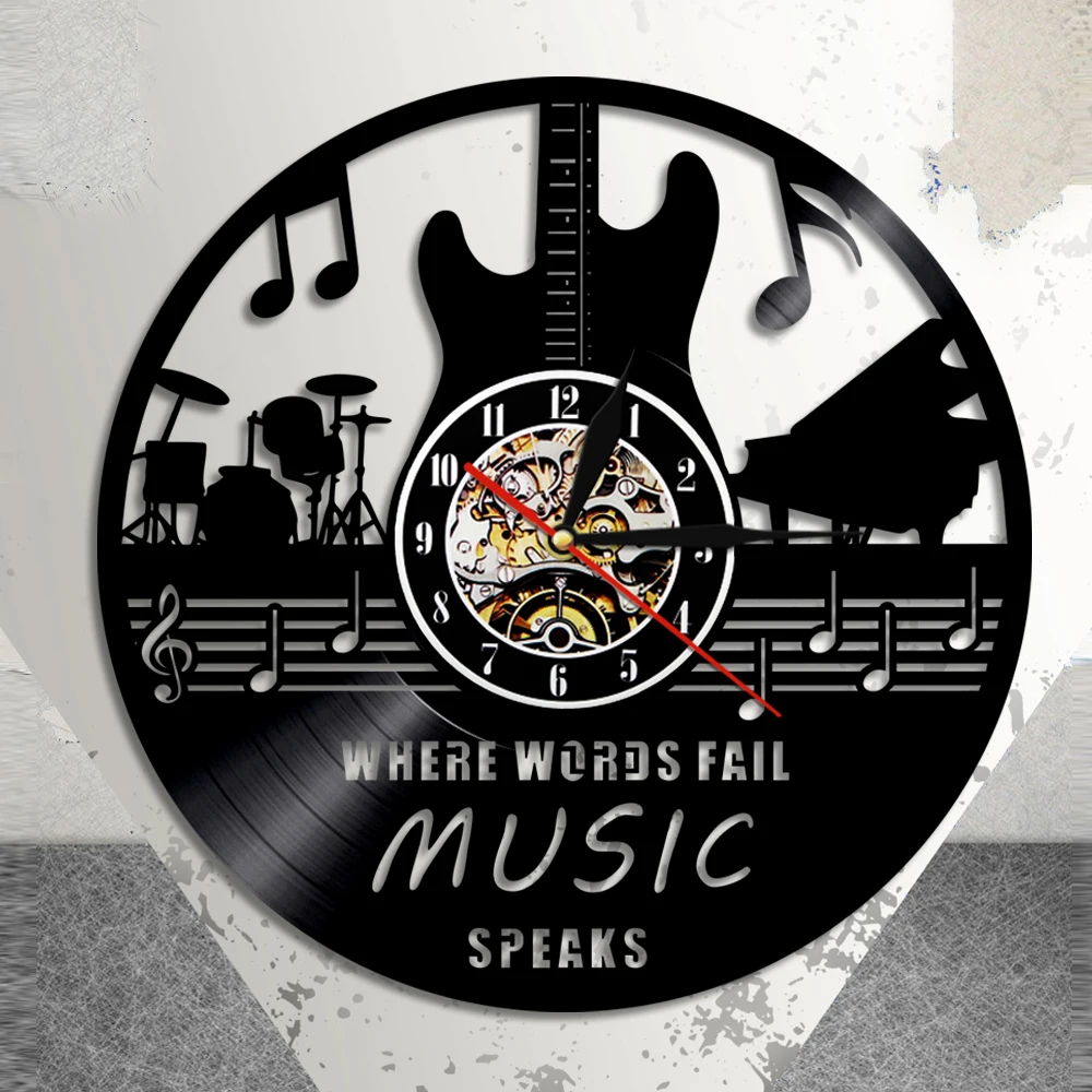 Where Words Fail Music Speaks Quote Wall Art Vinyl Record Clock Guitar Decorative Rock n Roll Gift | Дом и сад