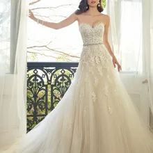 Возлюбленный Светильник цвета шампанского Кружева Аппликация Свадебное платье с цветным бисером створки свадебные платья Robe De Mariage