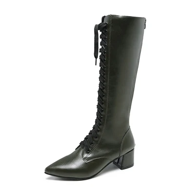 Женская обувь; женская зимняя обувь; кожаные сапоги до колена; брендовые женские зимние сапоги на шнуровке из высококачественной кожи; размеры 35-39 - Цвет: 1