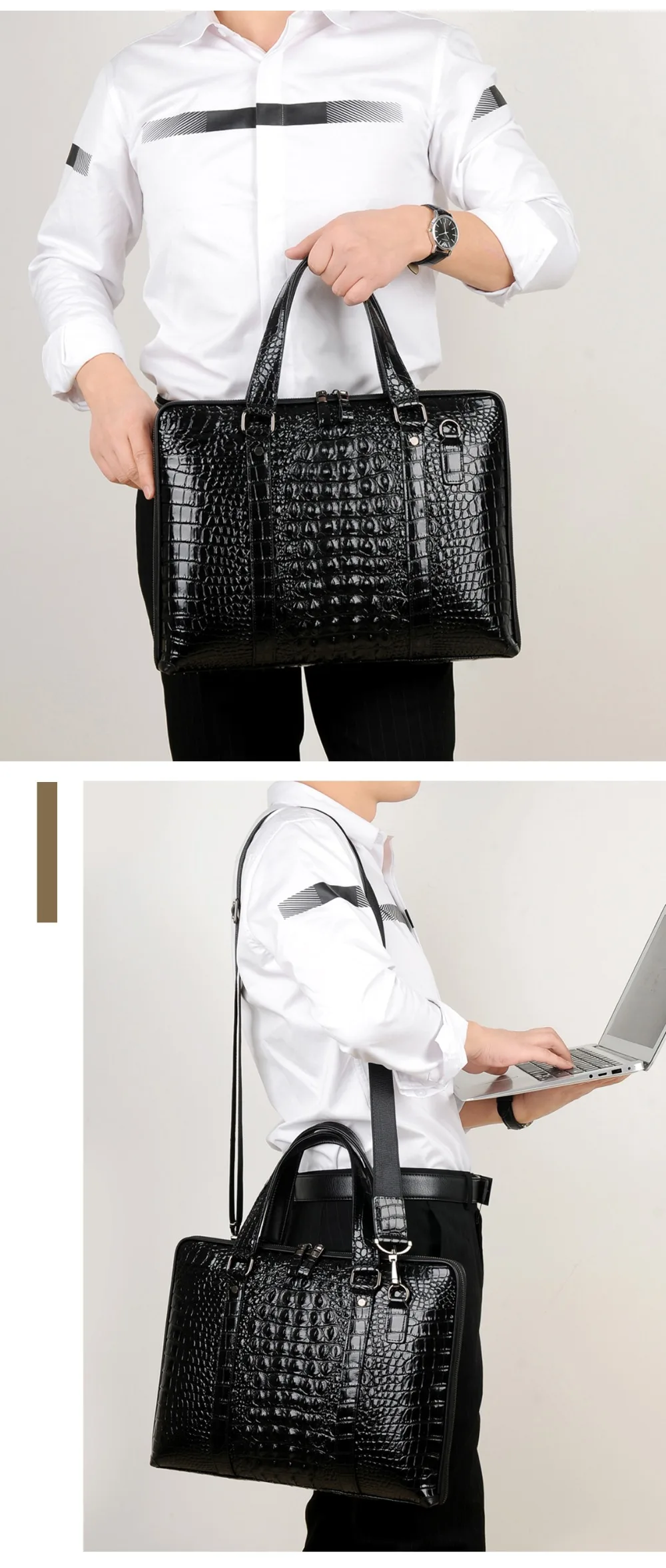 Пурани мужской Бизнес Сумка Высокое качество кожа Для мужчин Портфели сумки натуральная кожа крокодила Мода ноутбук сумка сумки