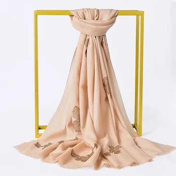 

Autumn Winter Women 100% Sheep Wool Embroidery Scarf Shawls Wraps Ladies Solid Warm Soft Fine Wool Pashmina Scarves 190x65cm