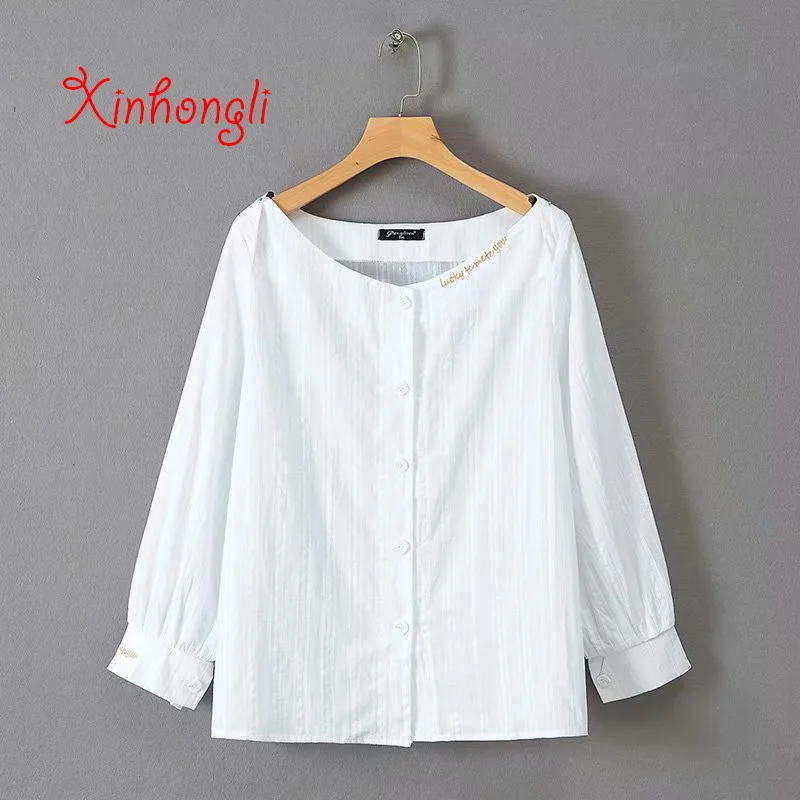 

Plus size Embroidery letter women loose white blouse 2019 spring summer causal ladies shirts female cotton tops