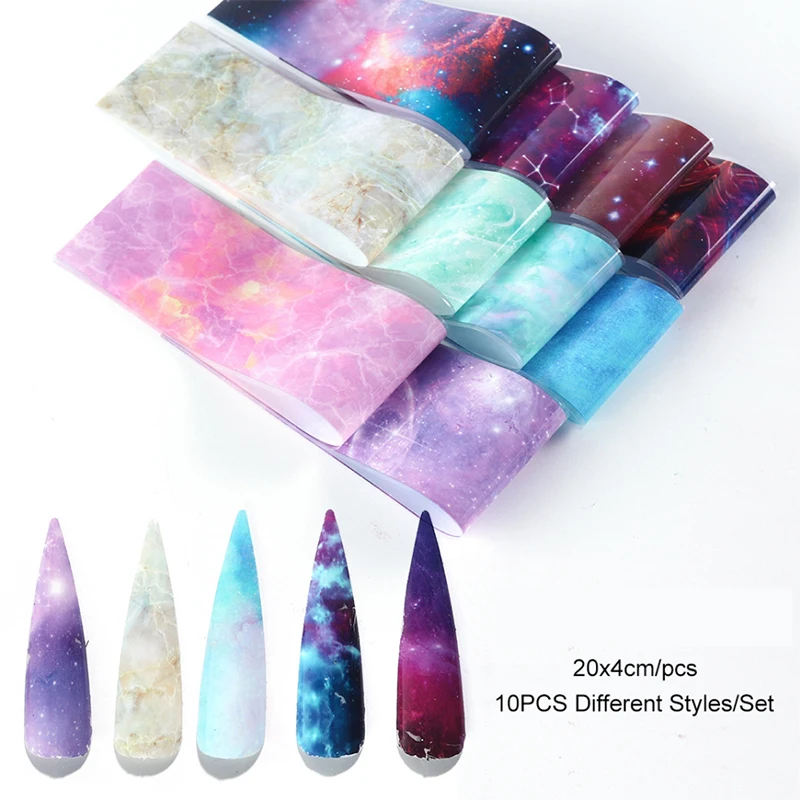 

10 Sheets Nail Foils Stickers Blue Purple Colors Design Mixed Marble Patterns Transfer Decals Paper Nail Art DIY Accessories