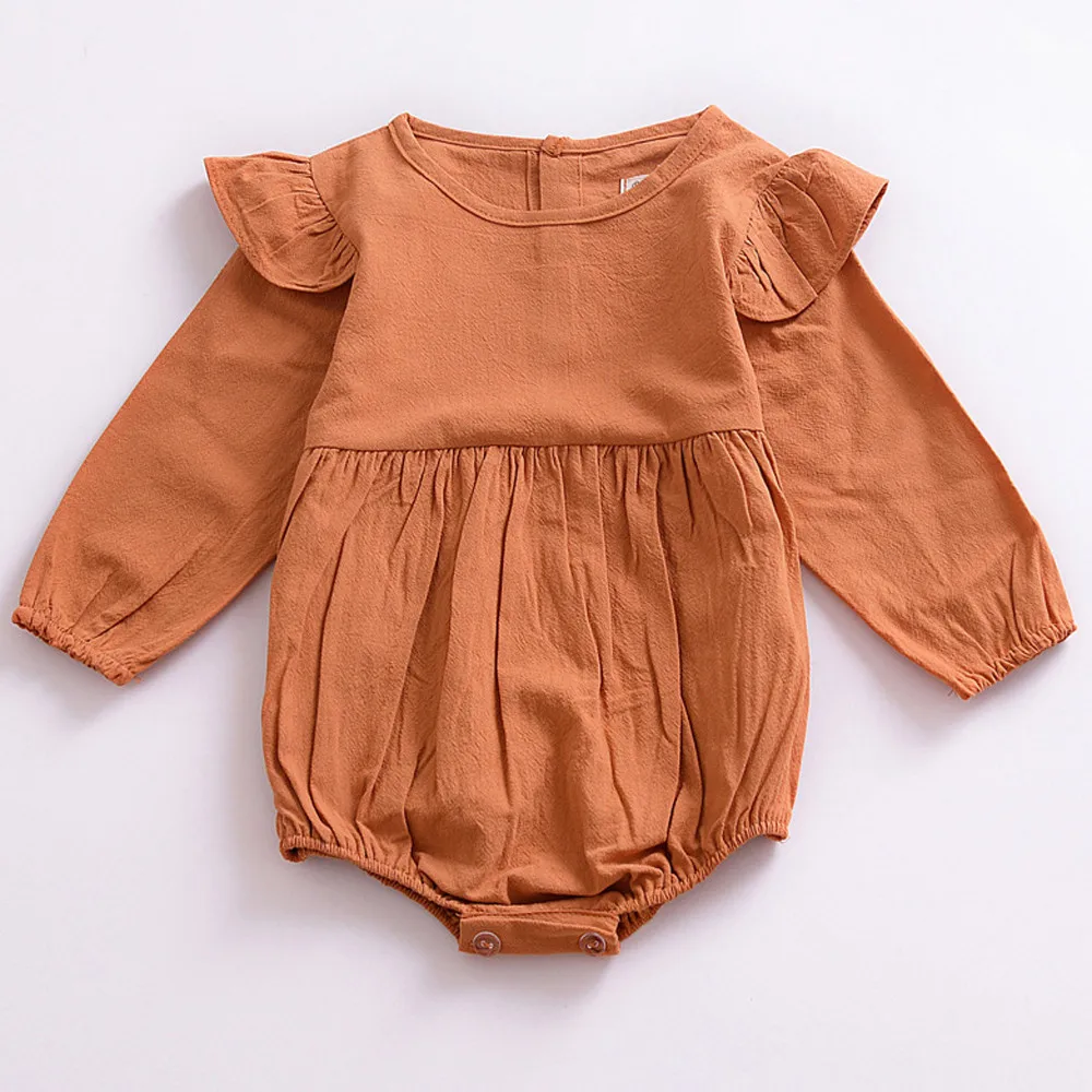 Newborn Baby Kids Girls Clothes Infant Long Sleeve Solid Linen Romper Jumpsuit Outfits Toddler Girl Romper Ribbed Baby Clothes