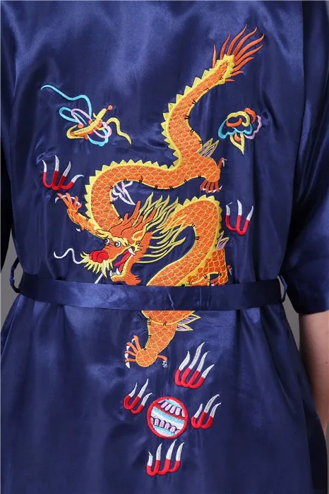 Темно-синие Традиционный китайский Для мужчин халат, халат с вышивкой дракона сатиновая Пижама Винтаж кимоно юката банный халат S M L XL XXL XXXL