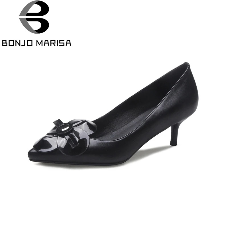 

BONJOMARISA New women's Genuine Leather Thin Med Heels Solid Flower Shallow Shoes Woman Casual Spring Pumps Big Size 33-40