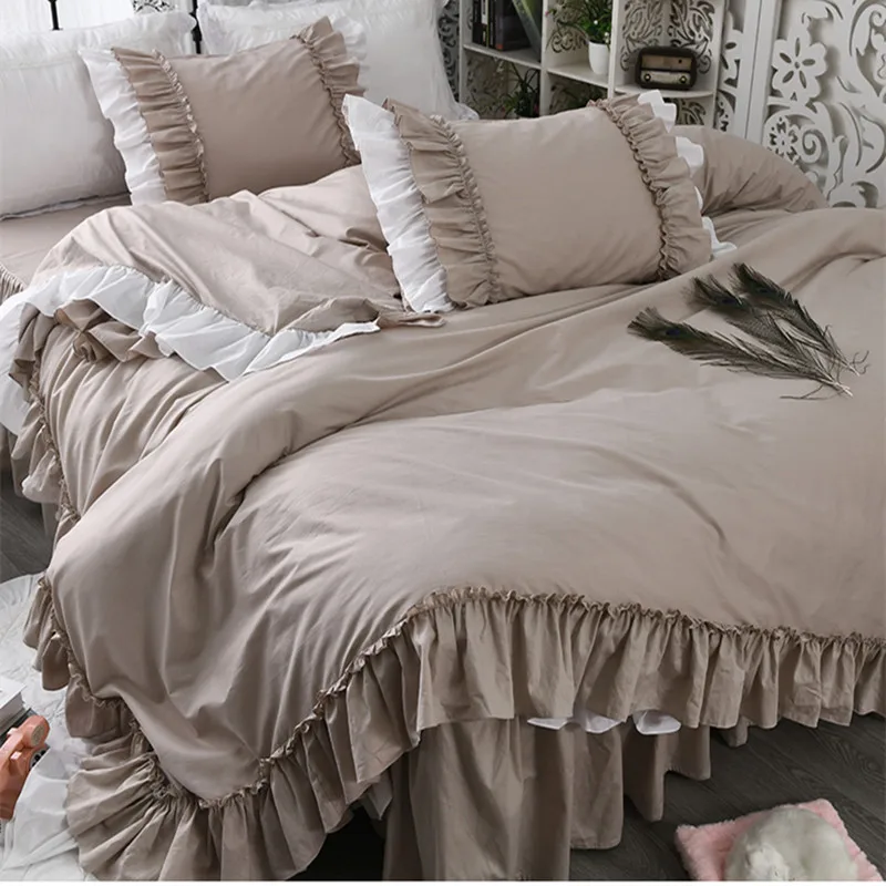 

100%cotton khaki pastoral princess ruffles bedding set twin full queen king size solid color Korean bed skirt free shipping YYX