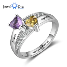 925 Sterling Silver Custom Name Ring with 2 Heart Birthstones Personalized Wedding Engagement Ring Mother Gift JewelOra RI103850