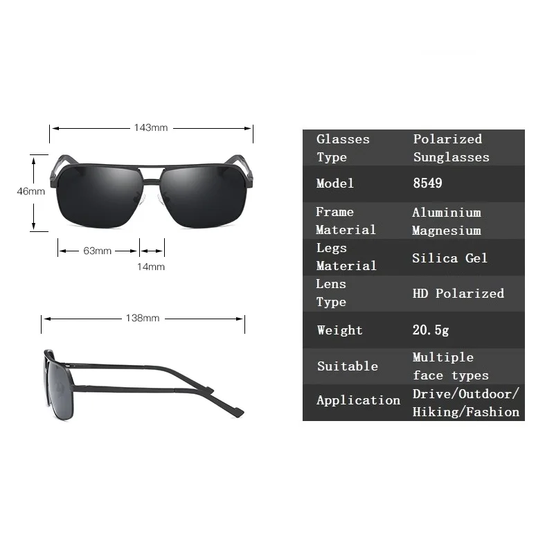 YSO солнцезащитные очки Для Мужчин Поляризованные UV400 алюминия и магния рамки HD линзы, солнцезащитные очки, очки для вождения, квадратный аксессуары для Для мужчин 8549