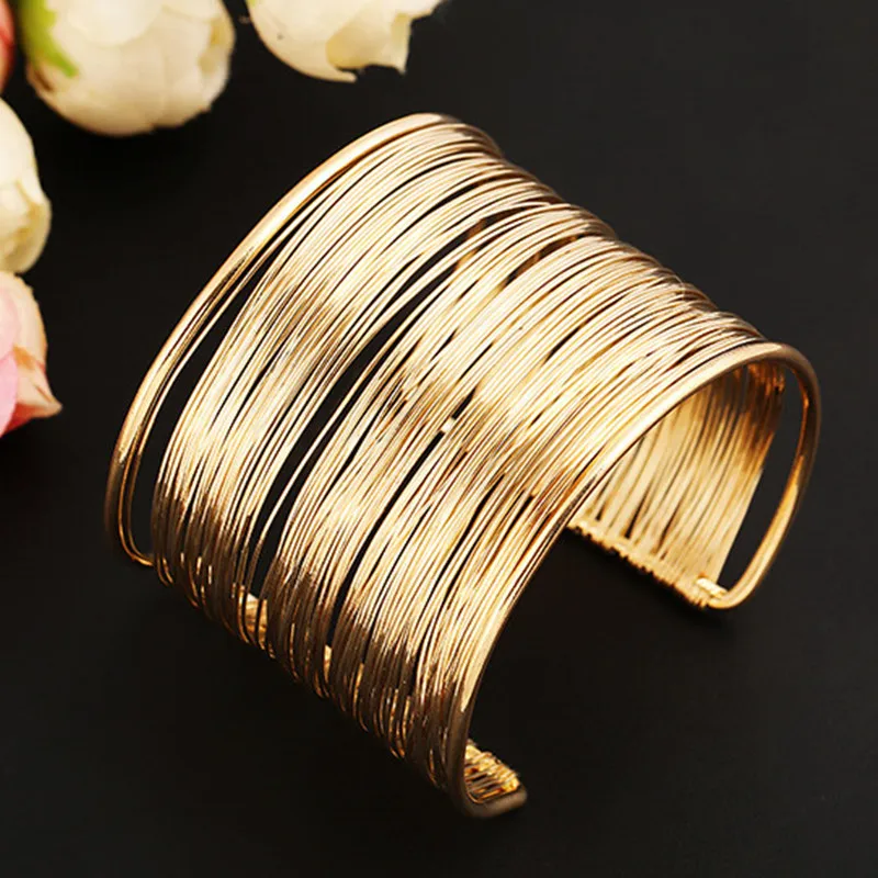 Bangle Bracelet Simple Design Multilayer Metal Wires Strings Open Bangle Wide Cuff Bracelet For Women Girl Fashion Jewelry Accessories Best Gift