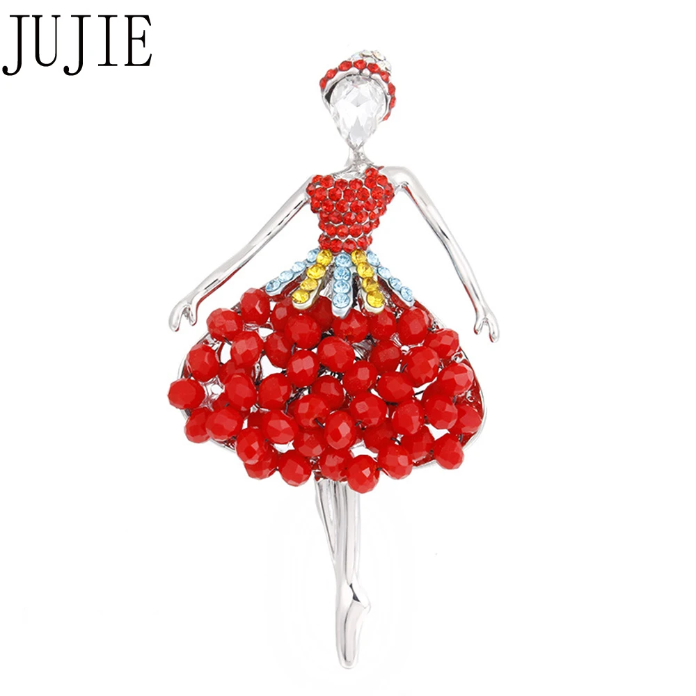 

JUJIE Fashion Crystal Ballet Dancers Brooches For Women 2019 Red Beads Skirt Scarf Lapel Brooch Pins Jewelry Dropshipping