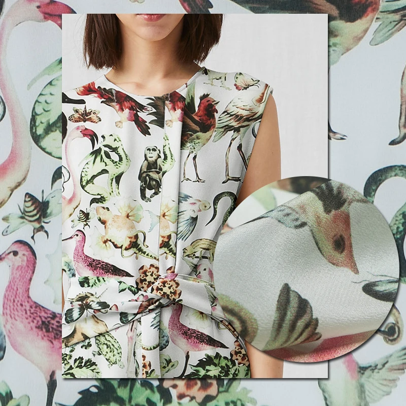 

Abstract style Zoo's animals print pure silk crepe de chine fabric, sewing for shirt, blouse, dress, skirt, craft by the yard
