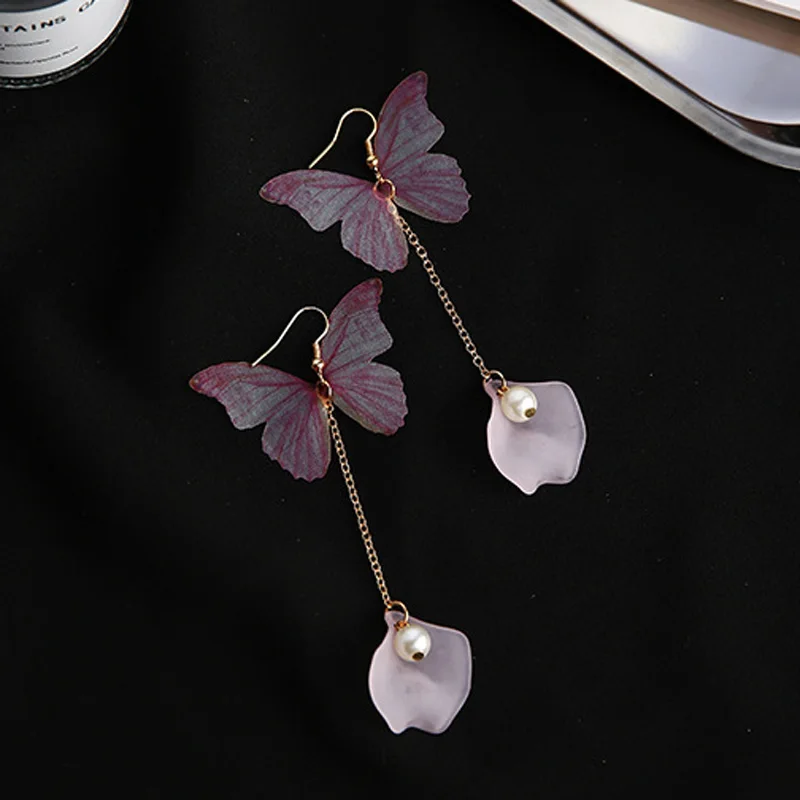 

Japan Korean Sweet Fairy Butterfly Earrings Long Chain Shell Flower Petal Long Drop Earrings for Women Charm Party Jewelry Gift