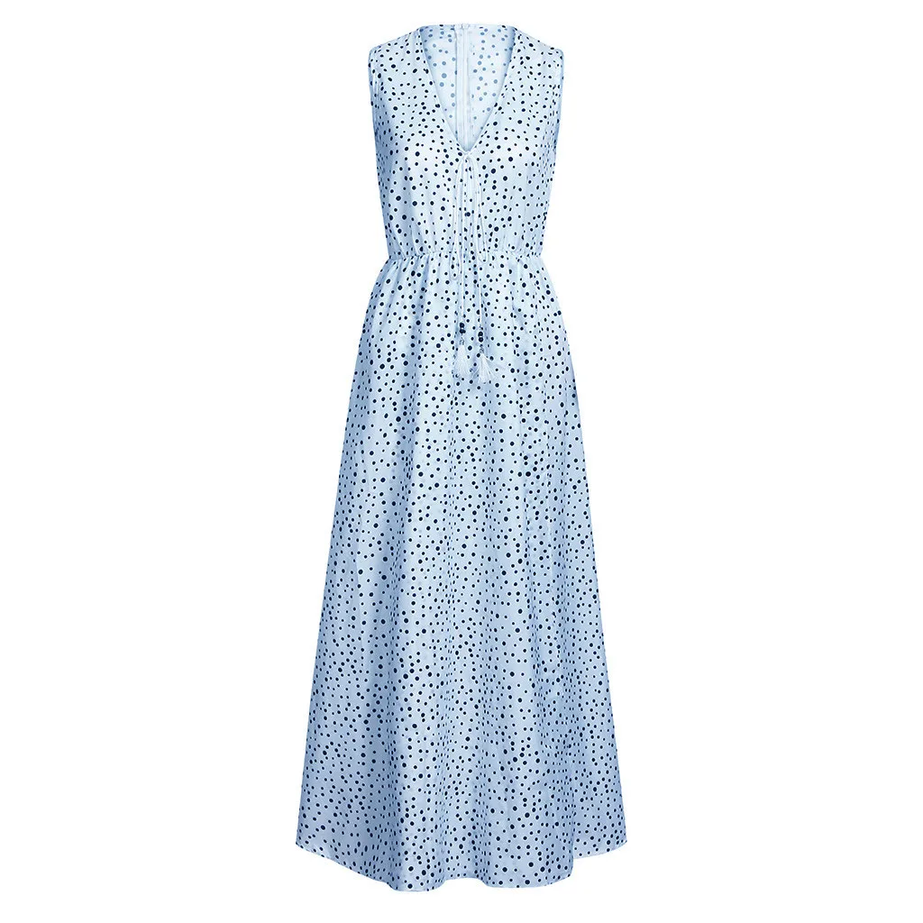 

2019 Long Dress V Neck Women Maxi Dress Print Casual Loose Long Dress Summer Sleeveless Plus Size Dress