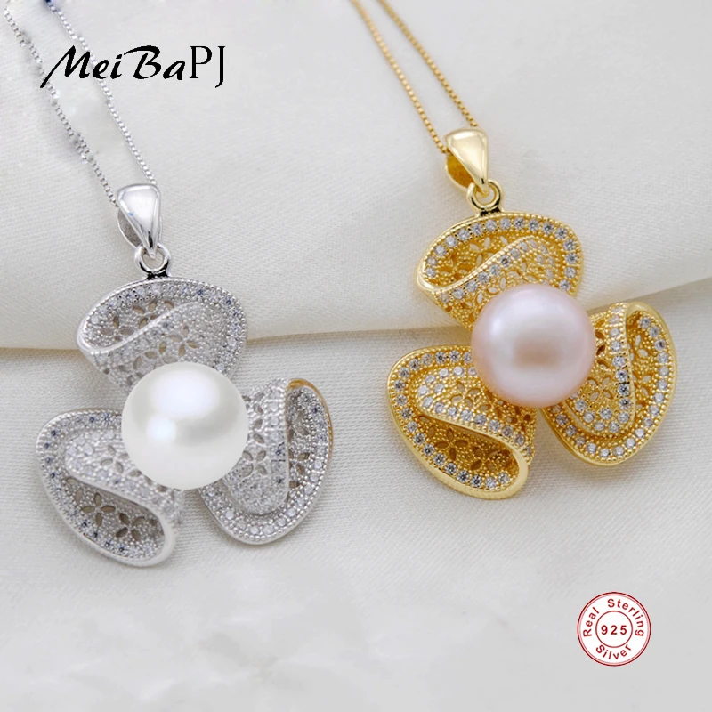 

[MeiBaPJ] Fashion Real Natural Pearl Personality Flower Pendant Necklace 925 Sterling Silver Pendant Necklace Party Jewelry