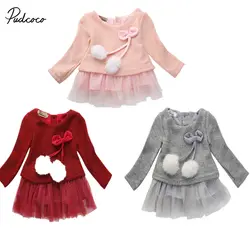 Pudcoco/одежда для малышей платье для новорожденных девочек Милое трикотажное платье-пачка с длинными рукавами и бантом возраст от 0 до 24